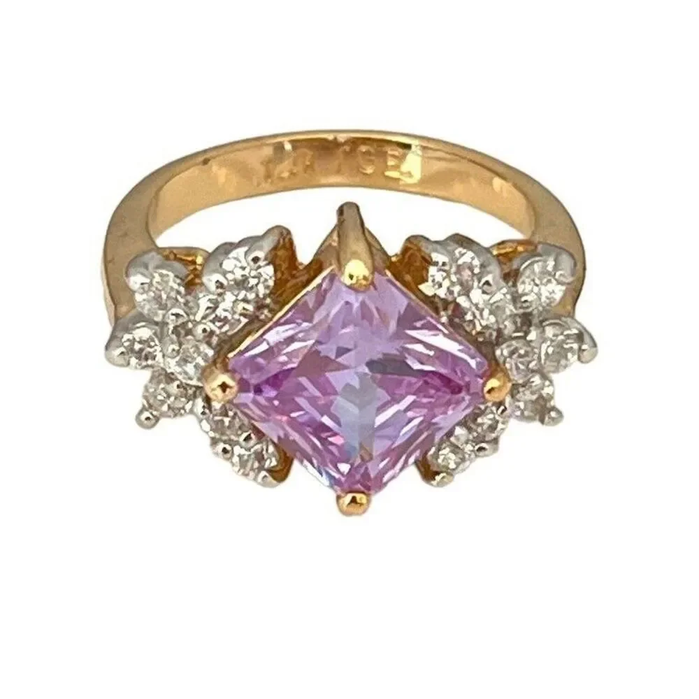 Vintage 1980s Lavender CZ Ring Size 9 Princess Cut 14KTGE Gold Plate - 14F